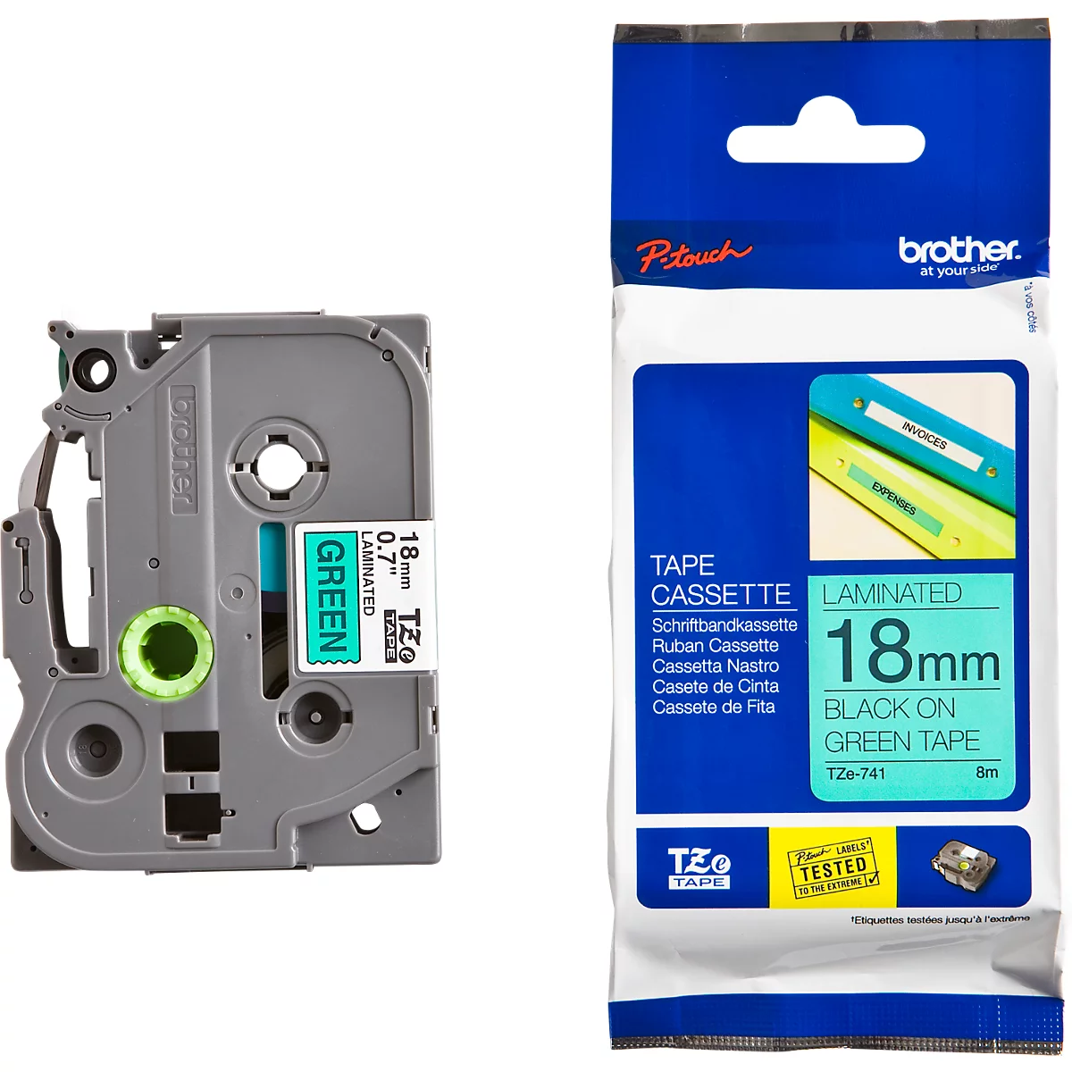 Cassette de ruban pour titreuses TZe-741 Brother, 18 mm de largeur, vert/noir