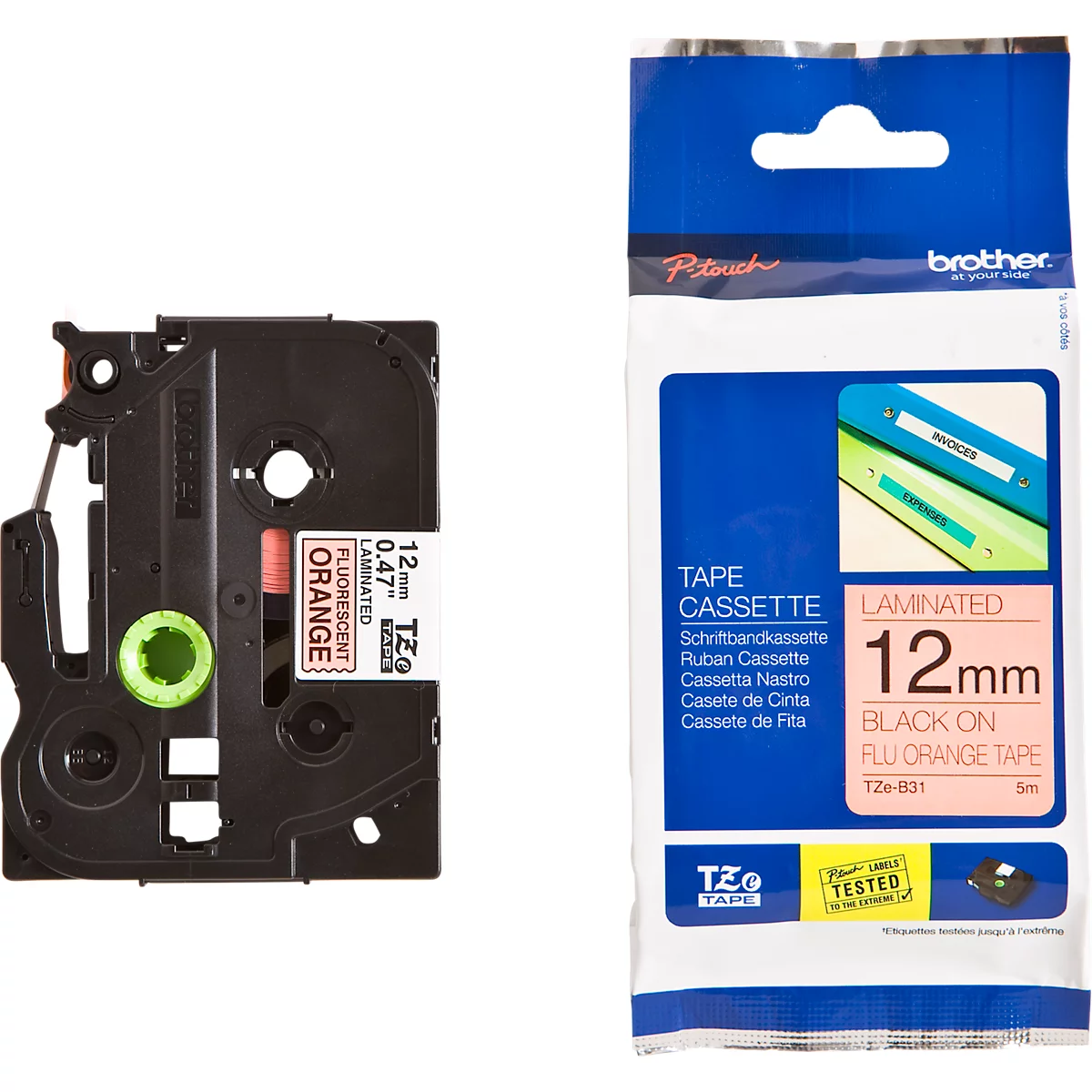 Cassette de ruban pour titreuses TZe-B31 Brother, 12 mm de largeur, orangé de sécurité/noir