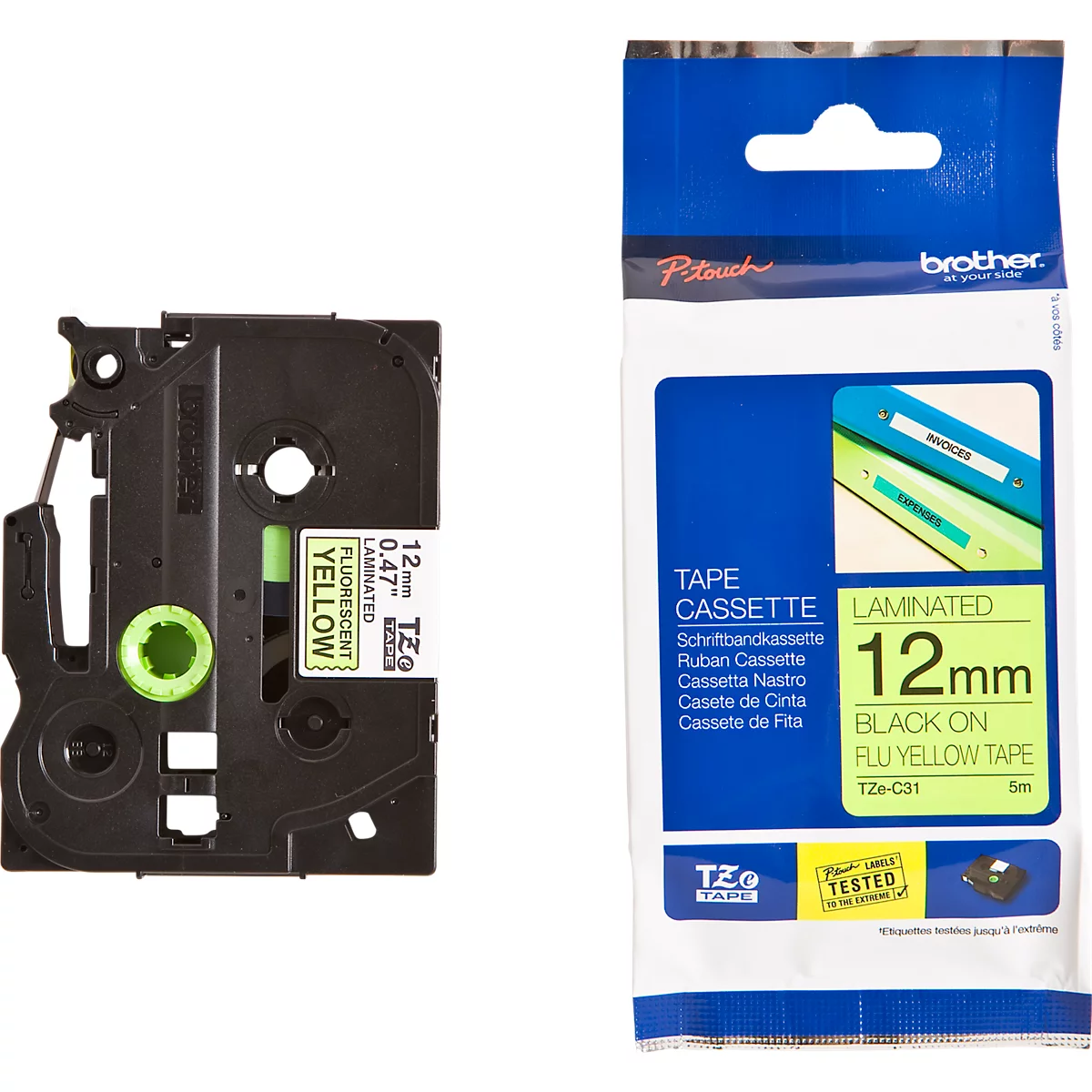 Cassette de ruban pour titreuses TZe-C31 Brother, 12 mm de largeur, jaune de sécurité/noir