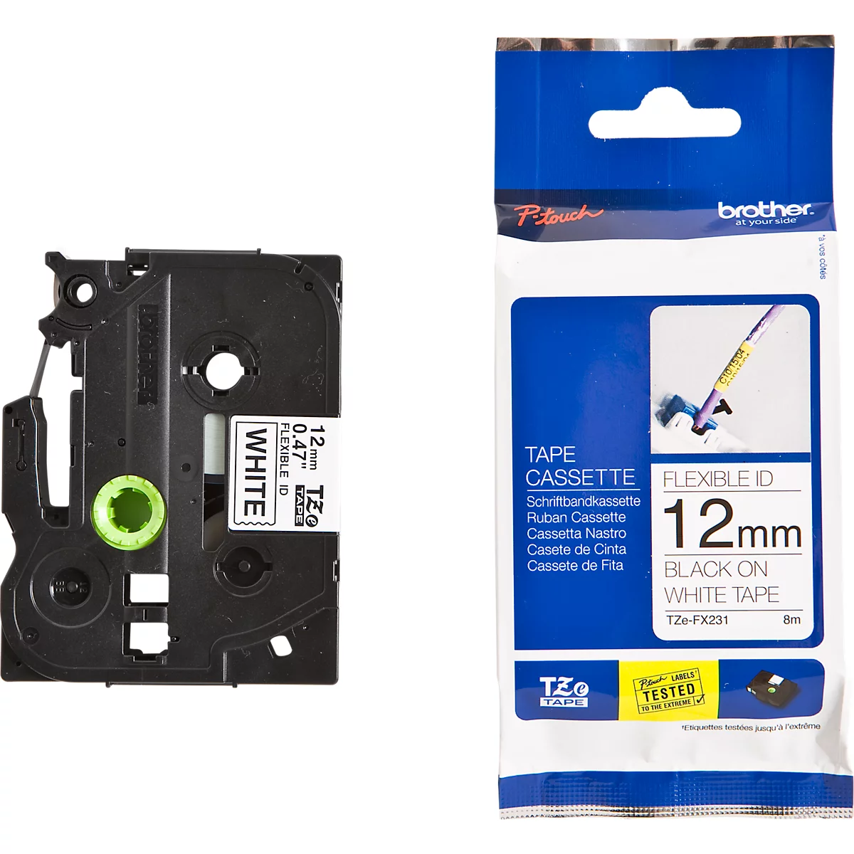 Cassette de ruban pour titreuses TZe-FX231 Brother, 12 mm de largeur, blanc/noir