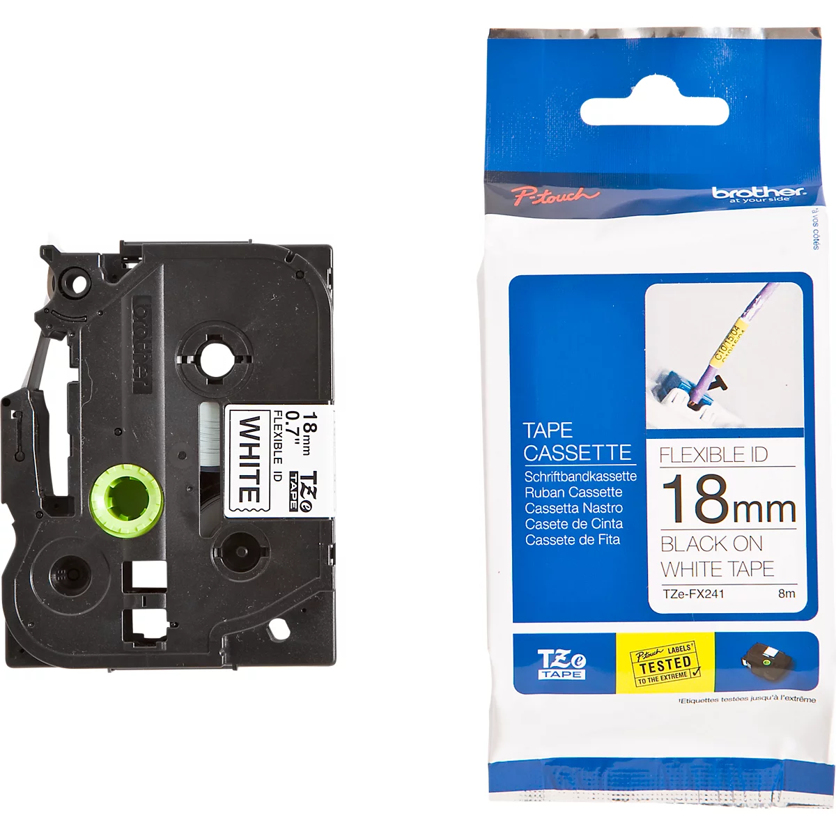 Cassette de ruban pour titreuses TZe-FX241 Brother, 18 mm de largeur, blanc/noir
