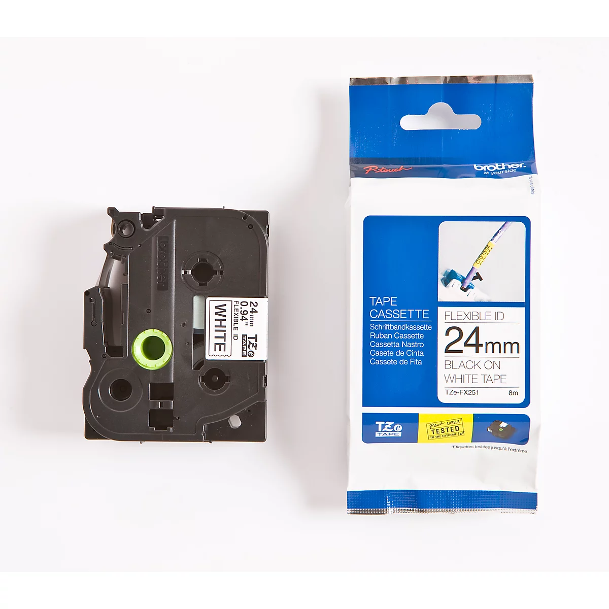 Cassette de ruban pour titreuses TZe-FX251 Brother, 24 mm, blanc/noir