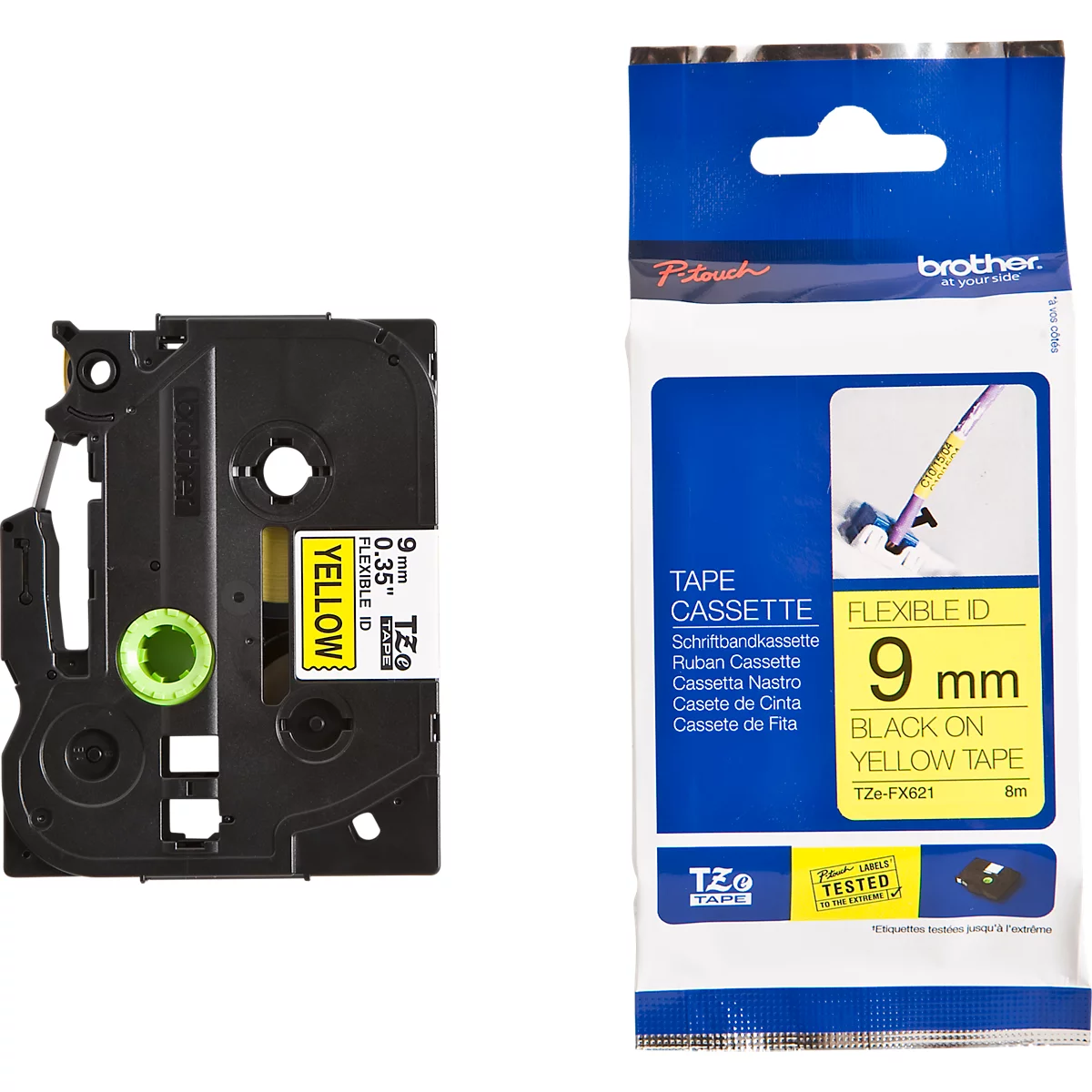 Cassette de ruban pour titreuses TZe-FX621 Brother, 9 mm de largeur, jaune/noir