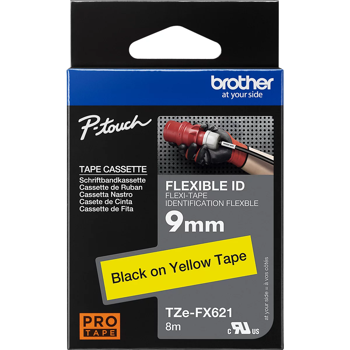 Cassette de ruban pour titreuses TZe-FX621 Brother, 9 mm de largeur, jaune/noir