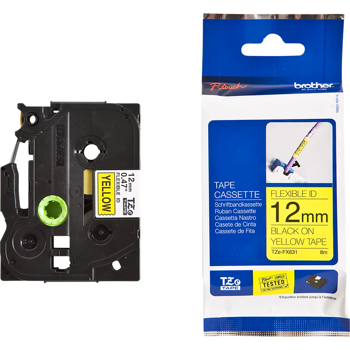 Cassette de ruban pour titreuses TZe-FX631 Brother, 12 mm de largeur, jaune/noir