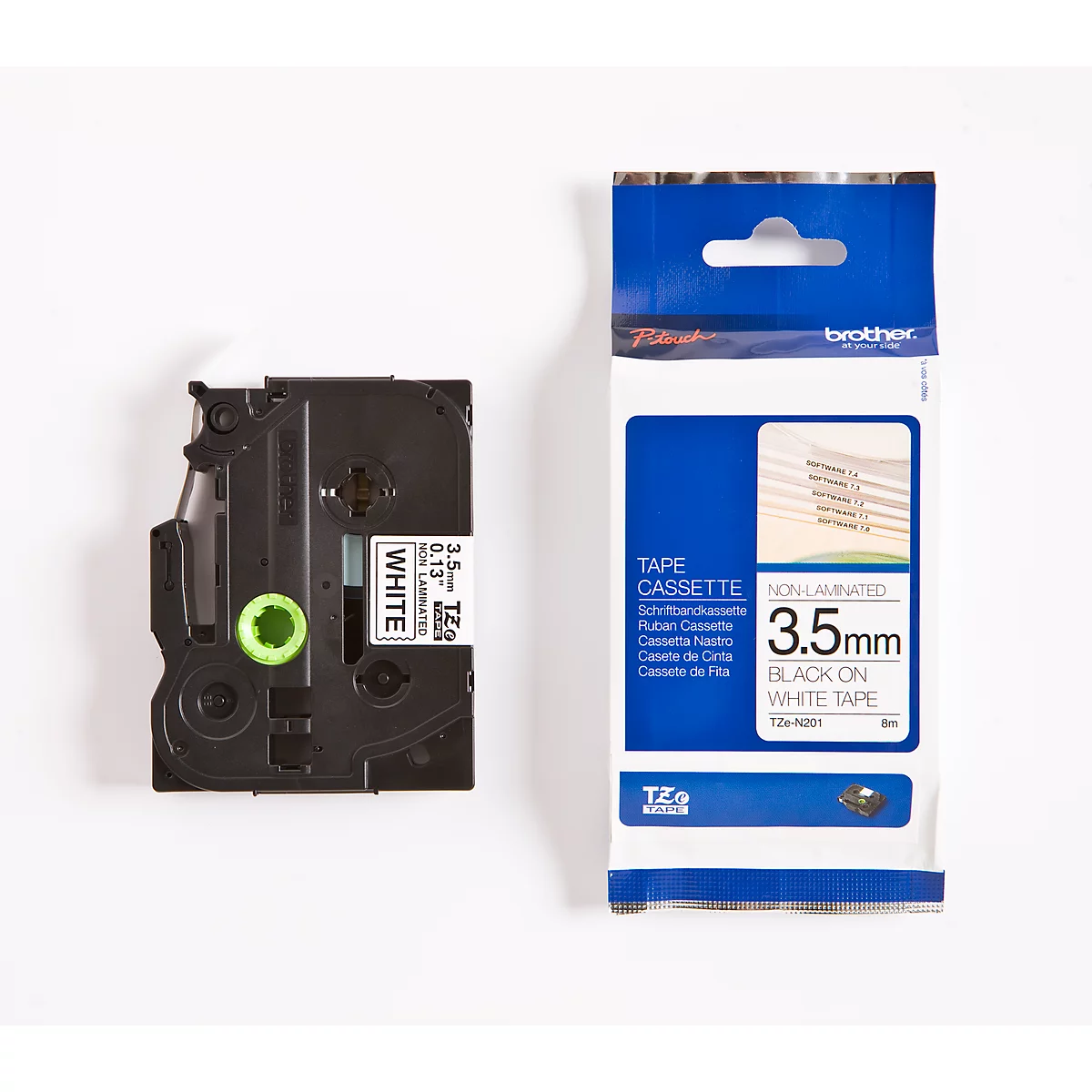 Cassette de ruban pour titreuses TZe-N201 Brother, 3,5 mm de large, blanc/noir