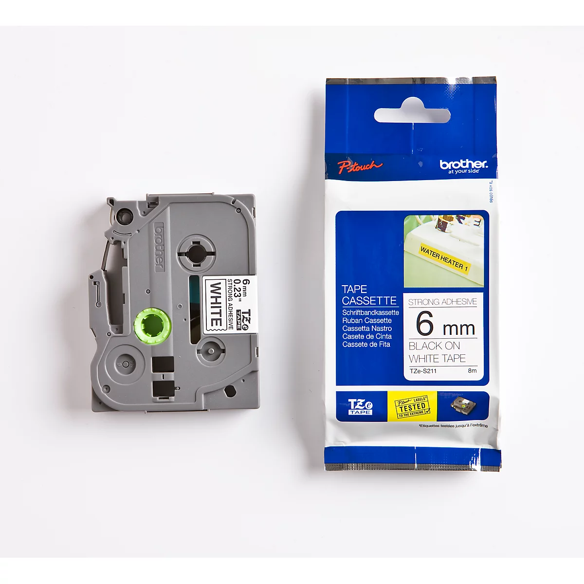 Cassette de ruban pour titreuses TZe-S211 Brother, 6 mm de largeur, blanc/noir