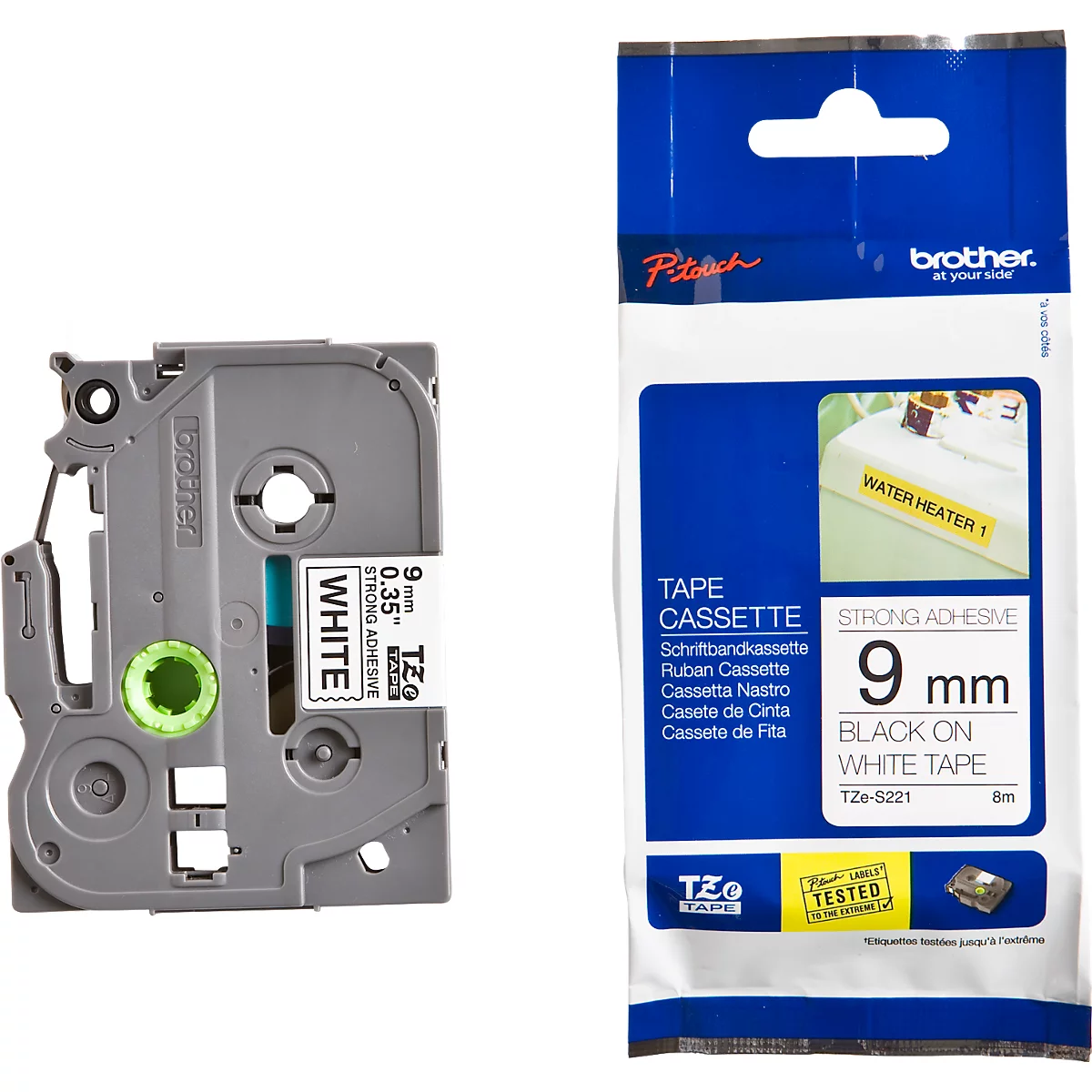 Cassette de ruban pour titreuses TZe-S221 Brother, 9 mm de largeur, blanc/noir