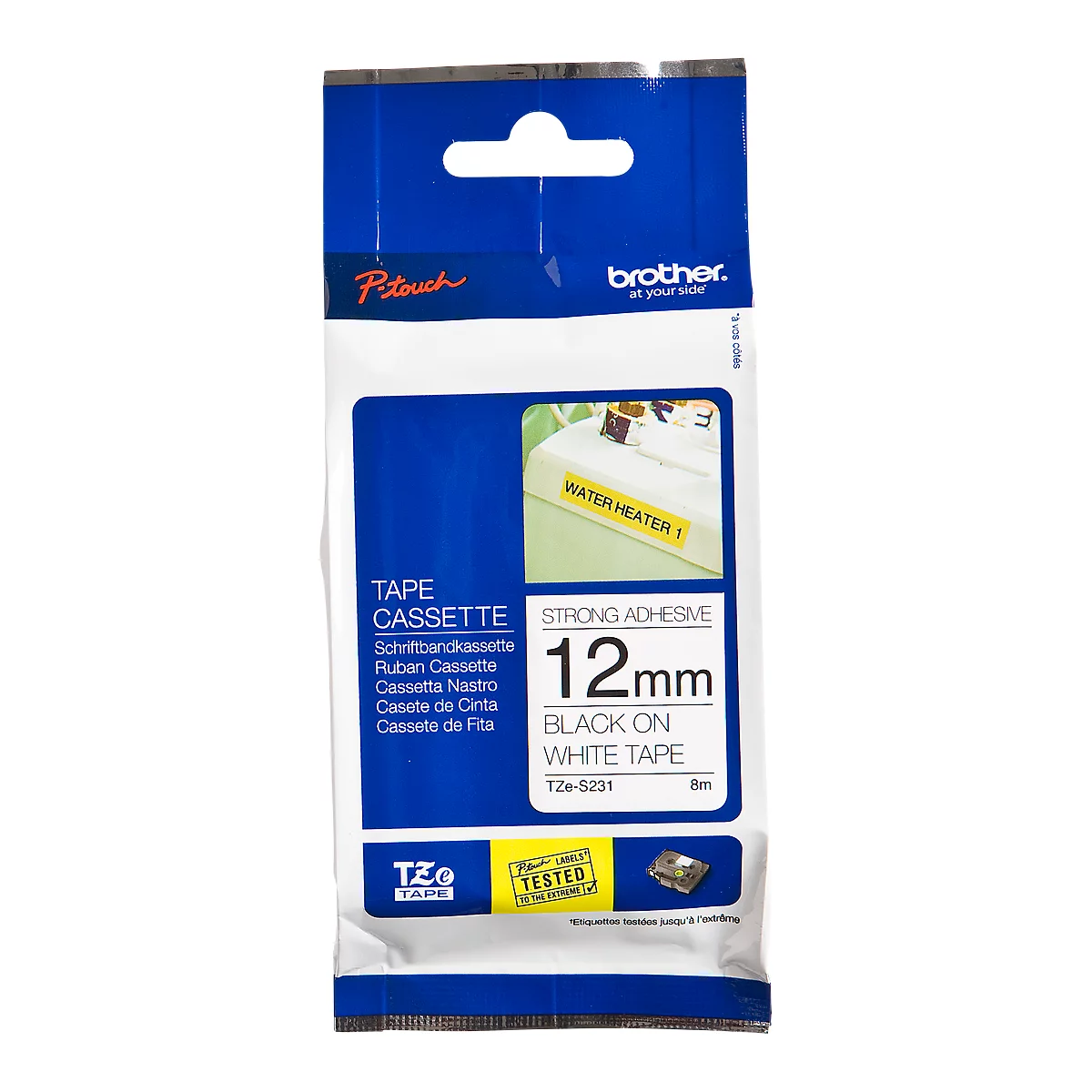 Cassette de ruban pour titreuses TZe-S231 Brother, 12 mm de largeur, blanc/noir