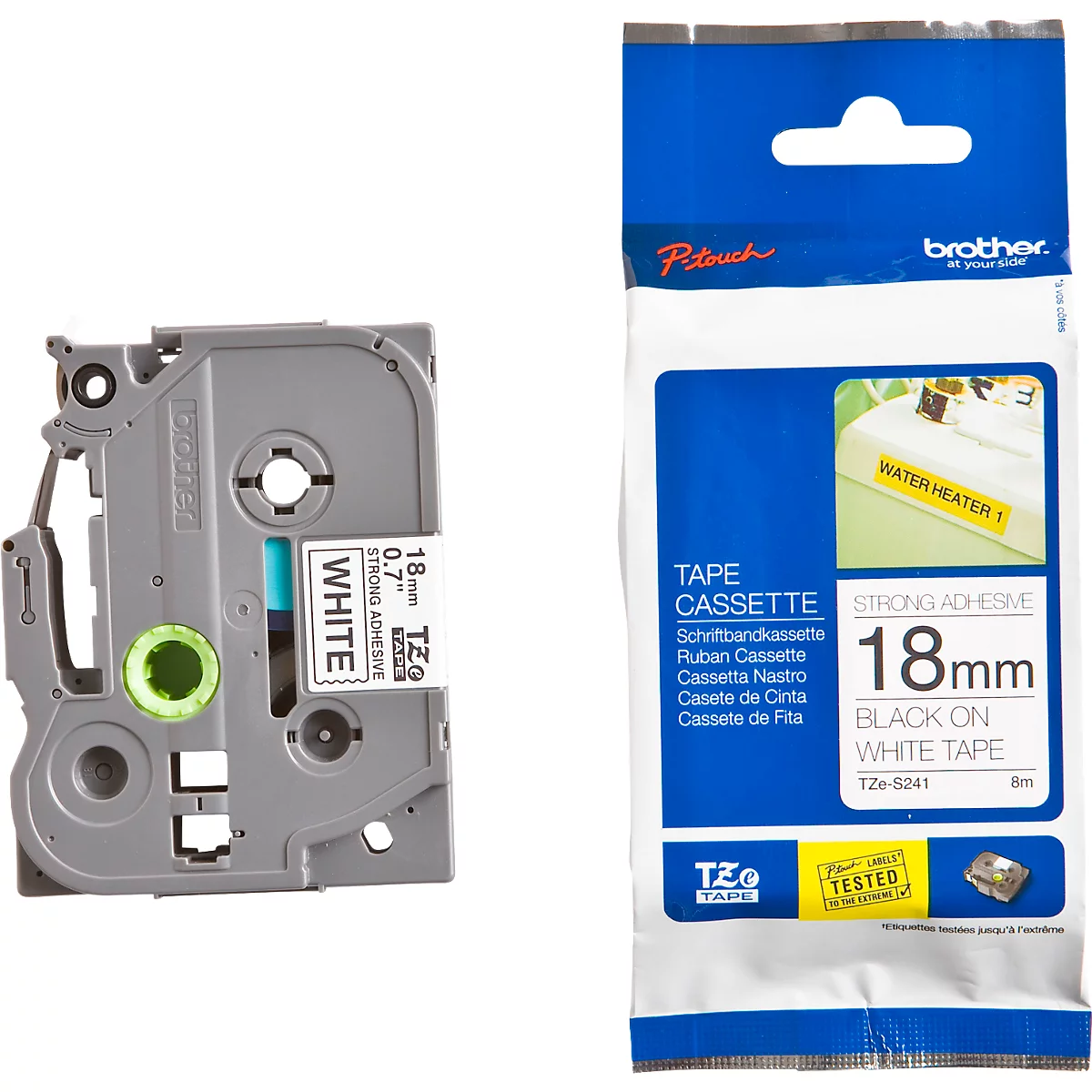 Cassette de ruban pour titreuses TZe-S241 Brother, 18 mm de largeur, blanc/noir