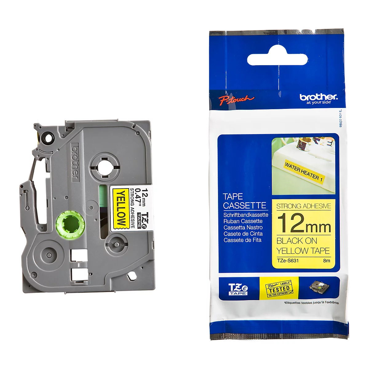 Cassette de ruban pour titreuses TZe-S631 Brother, 12 mm de largeur, jaune/noir