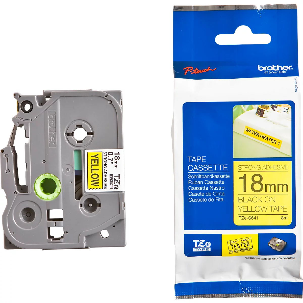 Cassette de ruban pour titreuses TZe-S641 Brother, 18 mm de largeur, jaune/noir