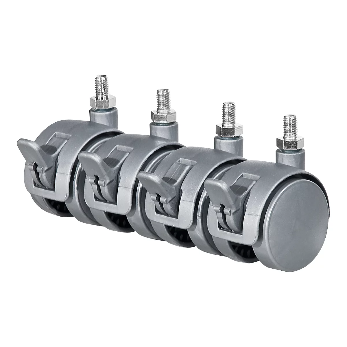 Four gray casters with locking levers and bolts. The casters are arranged at a slight angle.