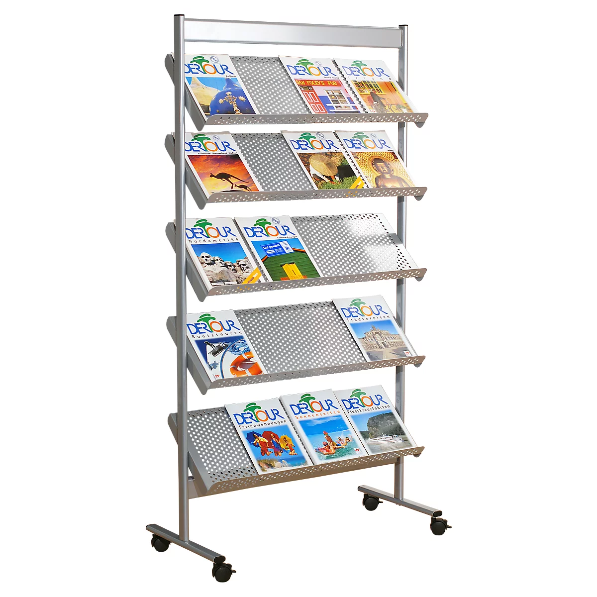 A silver magazine rack on wheels, filled with brochures. The brochures are titled "Detour".
