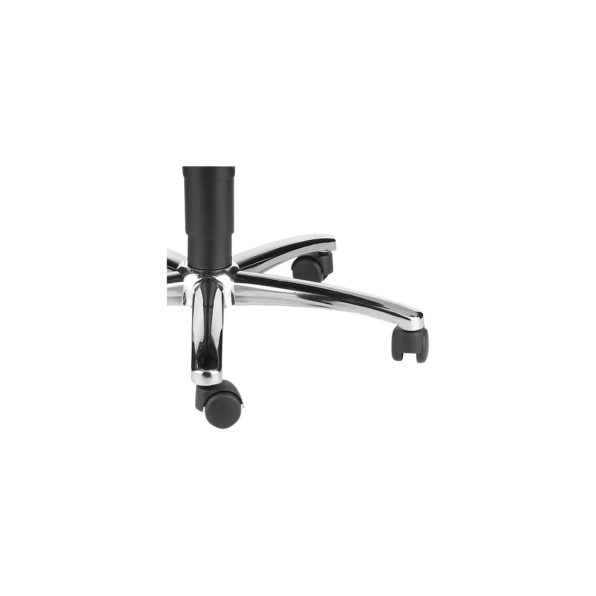 Close-up of the underside of an office chair. Chrome-plated base, black castors, black column.