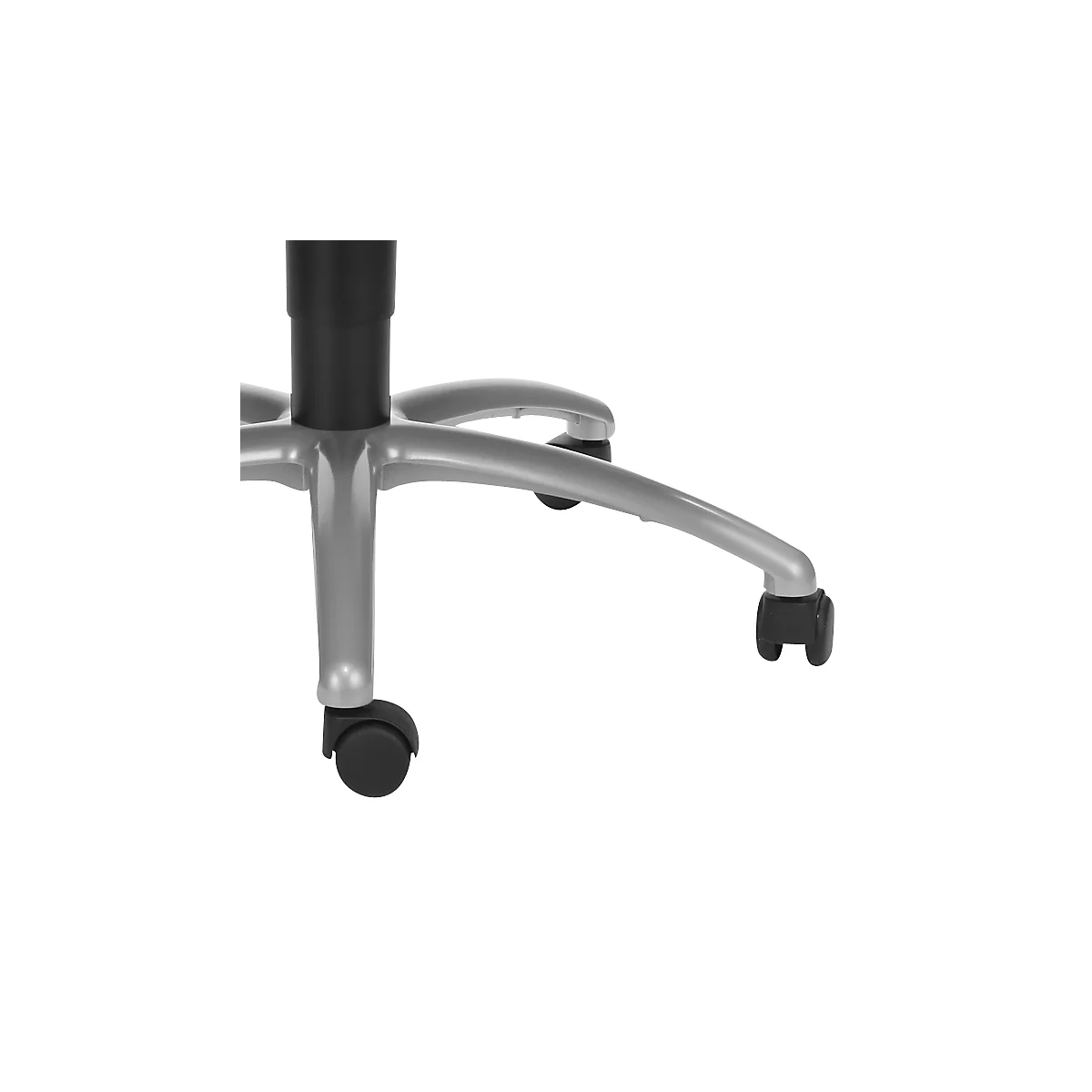 Close-up of the gray foot part of an office chair with black casters.