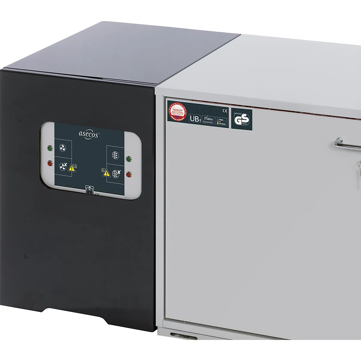 Black and grey cabinet with control panel and labels.