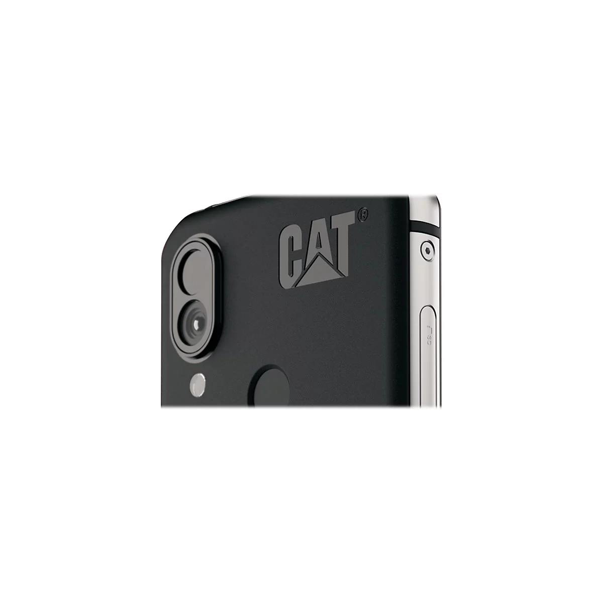 Nahaufnahme eines schwarzen Smartphones. Deutlich sichtbar sind die Kamera, das CAT-Logo und SD-Kartenslot.