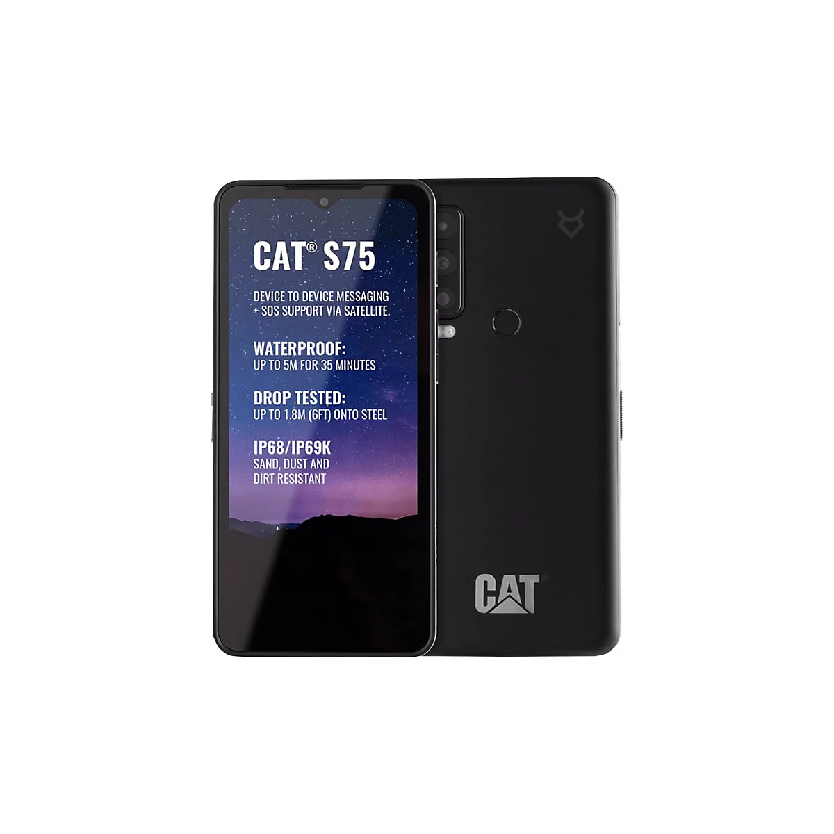 Schwarzes CAT S75 Smartphone. Eigenschaften: Wasserdicht, stossfest, staubresistent. Auf dem Display Text: CAT S75.
