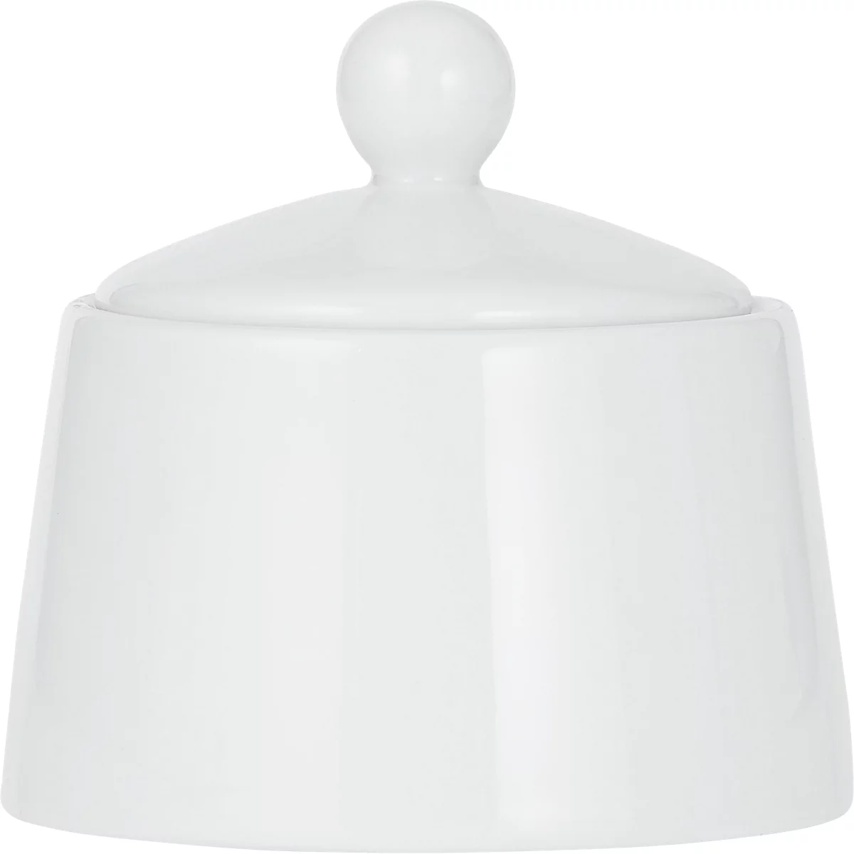 White sugar bowl with lid and handle. The shape is bulbous, the handle round.