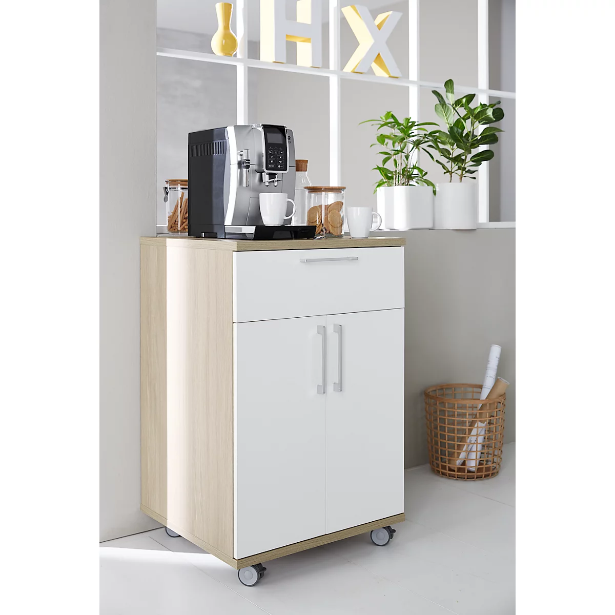 Catering-Caddy, avec compartiment réfrigérateur et compartiment rabattable, L 650 x P 600 x H 1000 mm, sans glacière, décor chêne/blanc