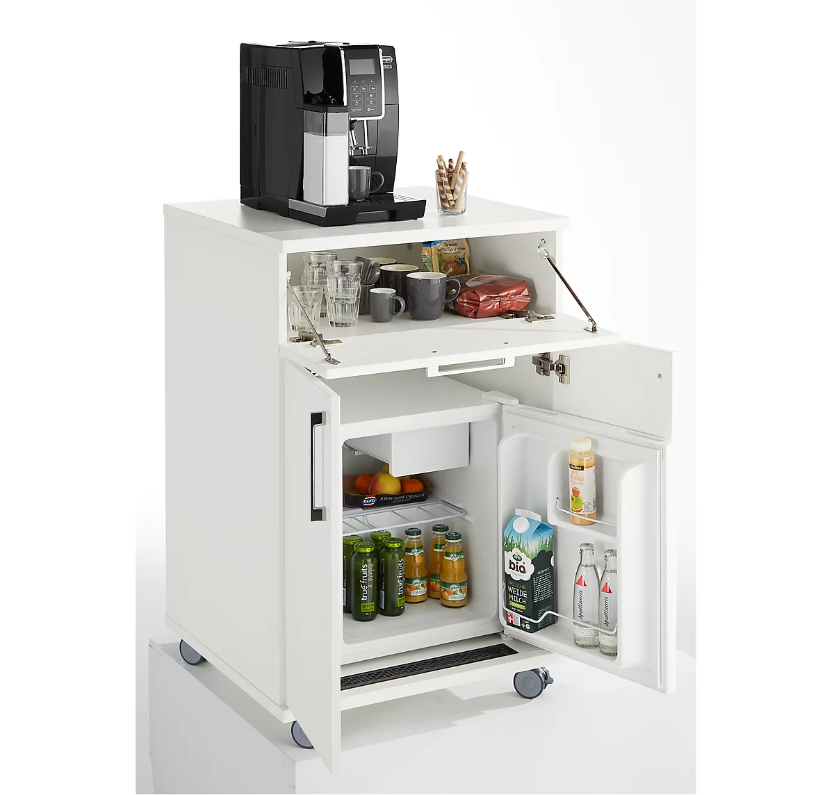 Catering-Caddy, mit Kühlschrankfach und Klappfach, B 650 x T 600 x H 1000 mm, mit Kühlbox, weiss