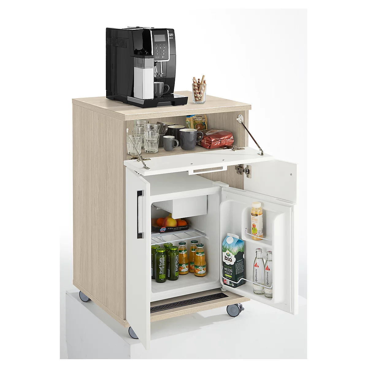 Coffee preparation cabinet with integrated refrigerator. Top: coffee machine. Open door shows drinks, fruit and bottles.