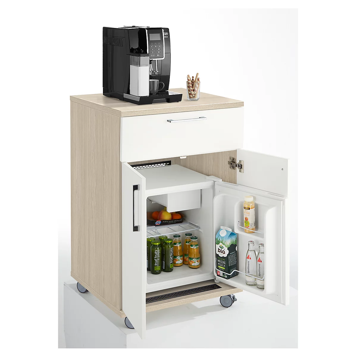 Small fridge with coffee machine, filled with drinks and snacks.