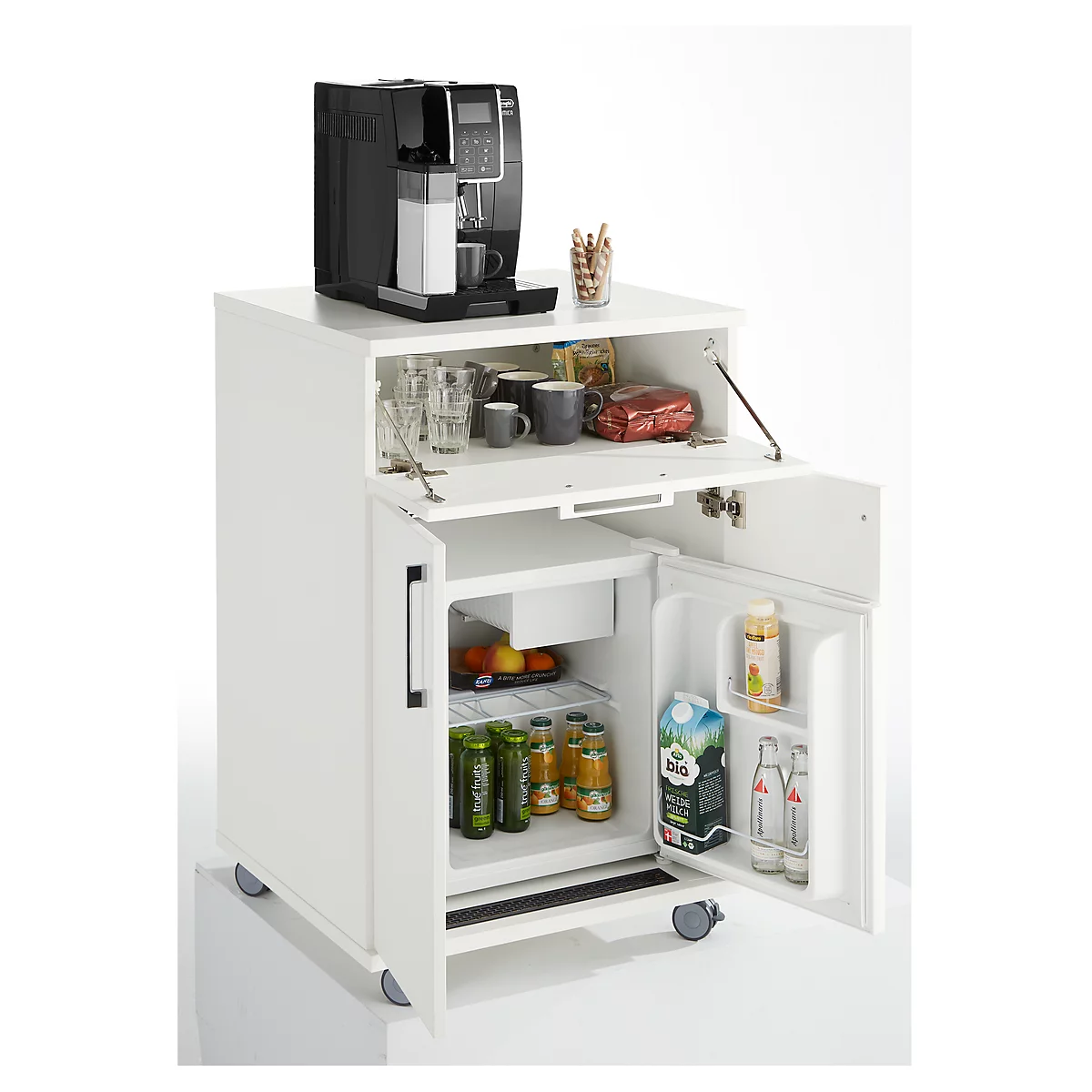 White beverage and coffee module with open fridge door, coffee machine, drinks, cups, and snacks.