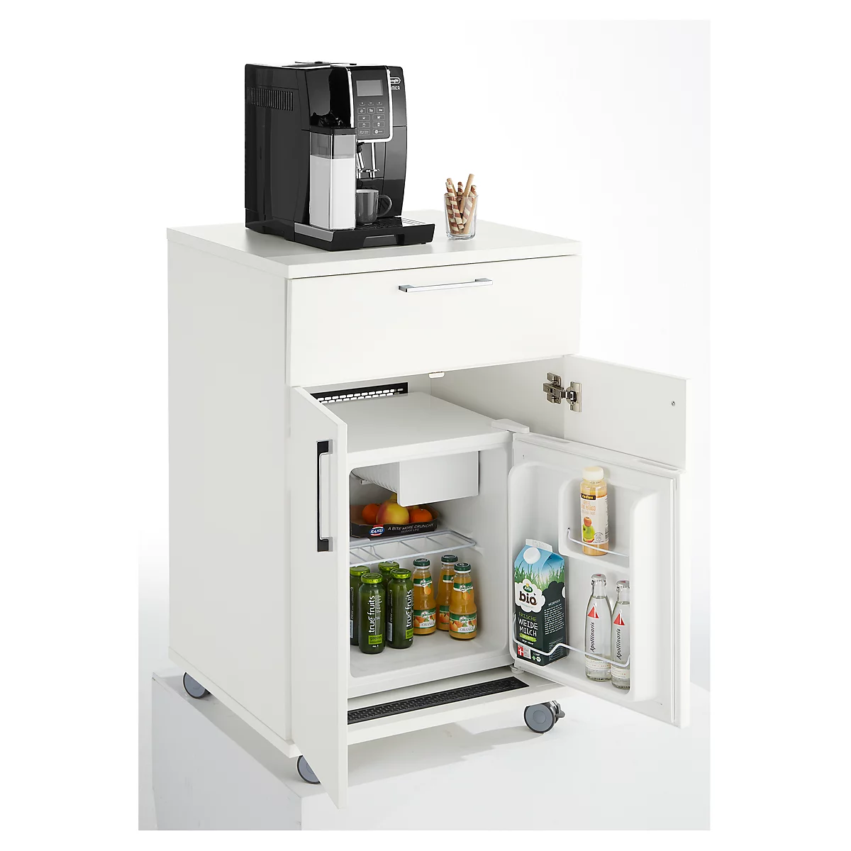 White mini-fridge cabinet with coffee machine and snack, fridge door open.