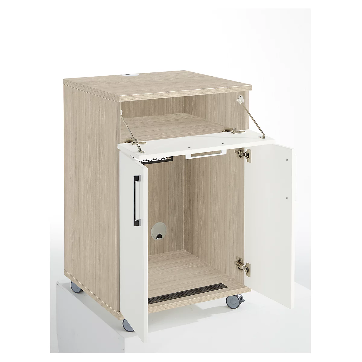 Light brown rolling cabinet with open white door and open compartment. The cabinet stands on castors.