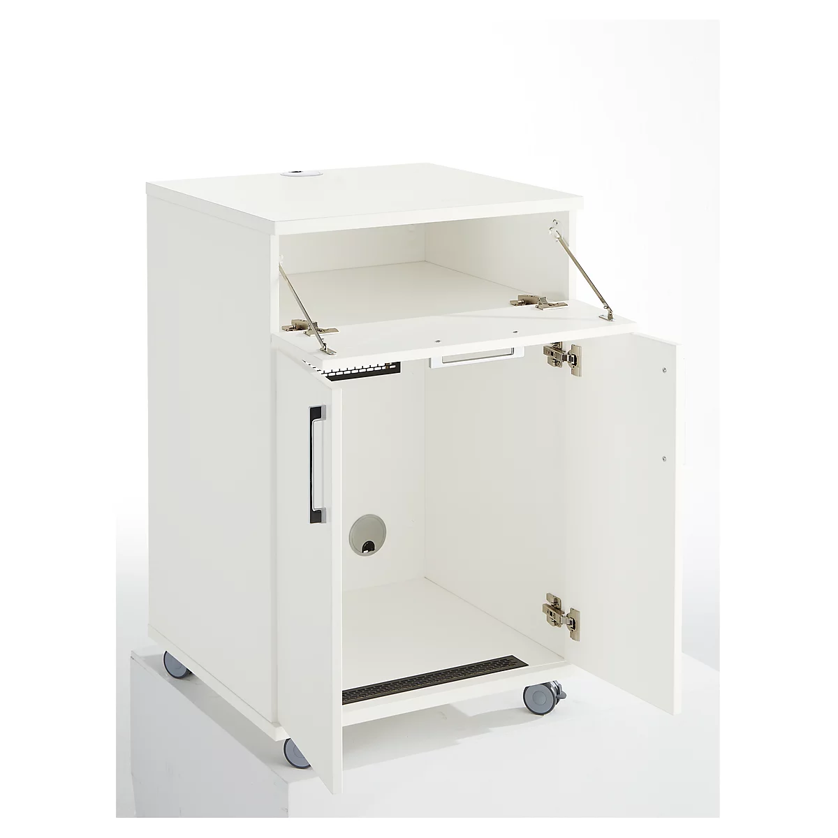 White cabinet with a folding door and two other doors. It stands on wheels.