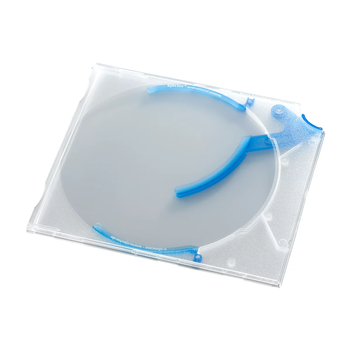 Grey silicon wafer in a transparent box with blue holders.
