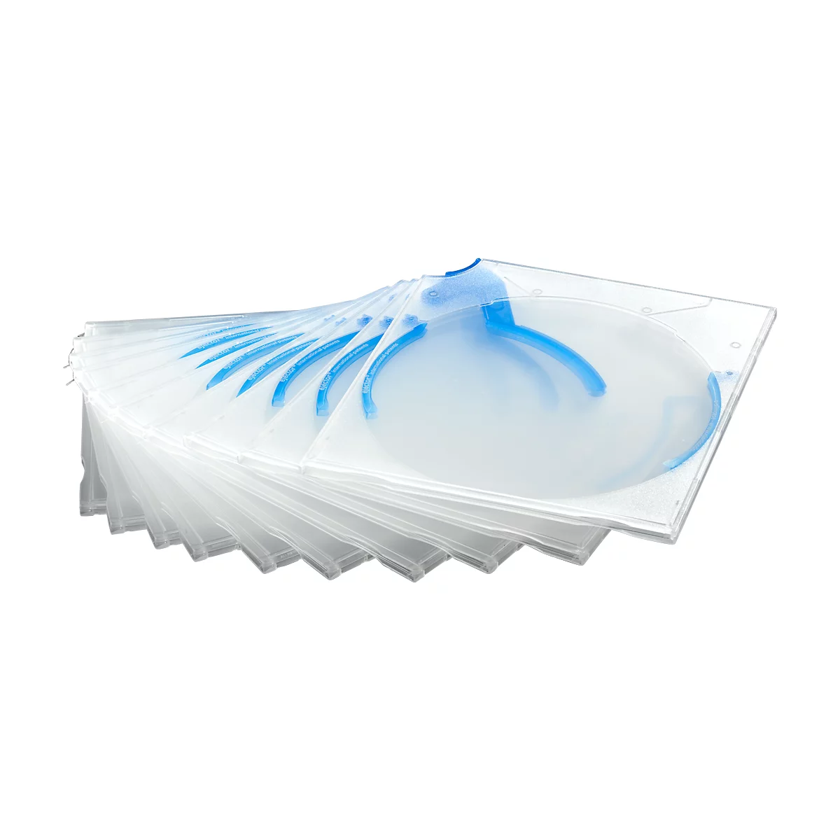 Stack of transparent CD cases with blue holders, arranged like a fan.