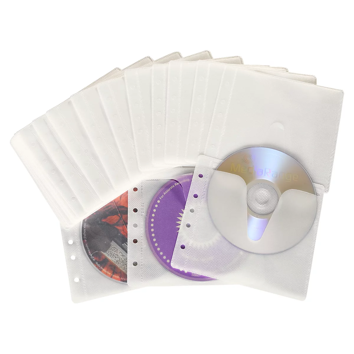 Row of CDs in white plastic sleeves, one is partially pulled out.