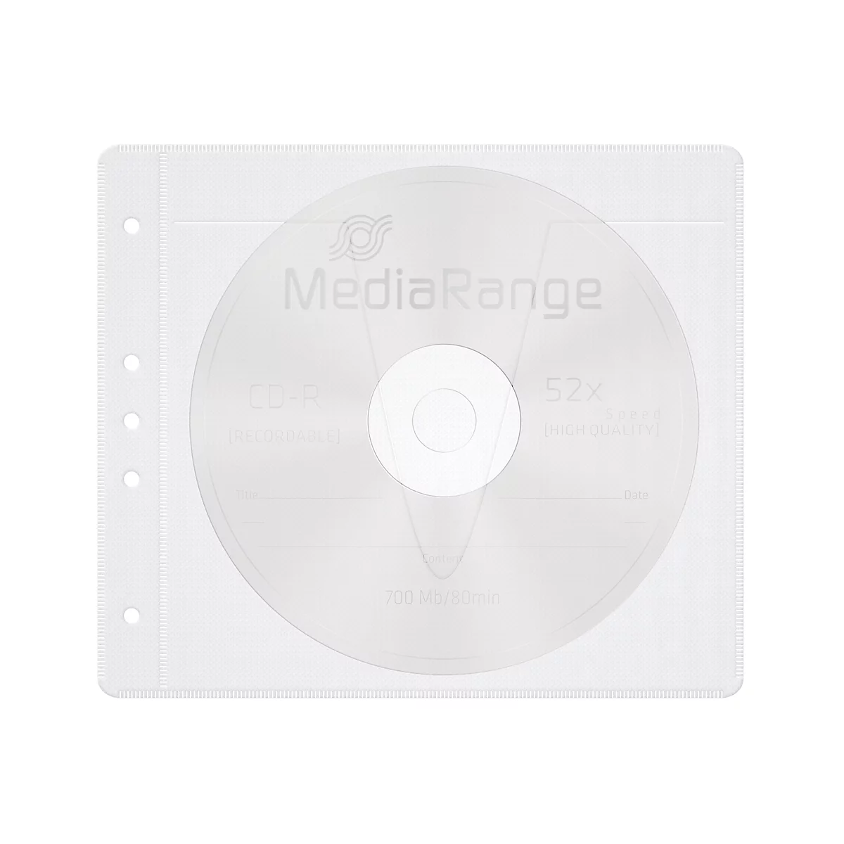 CD-R in a transparent protective sleeve. The CD-R says MediaRange, 52x, 700 MB.