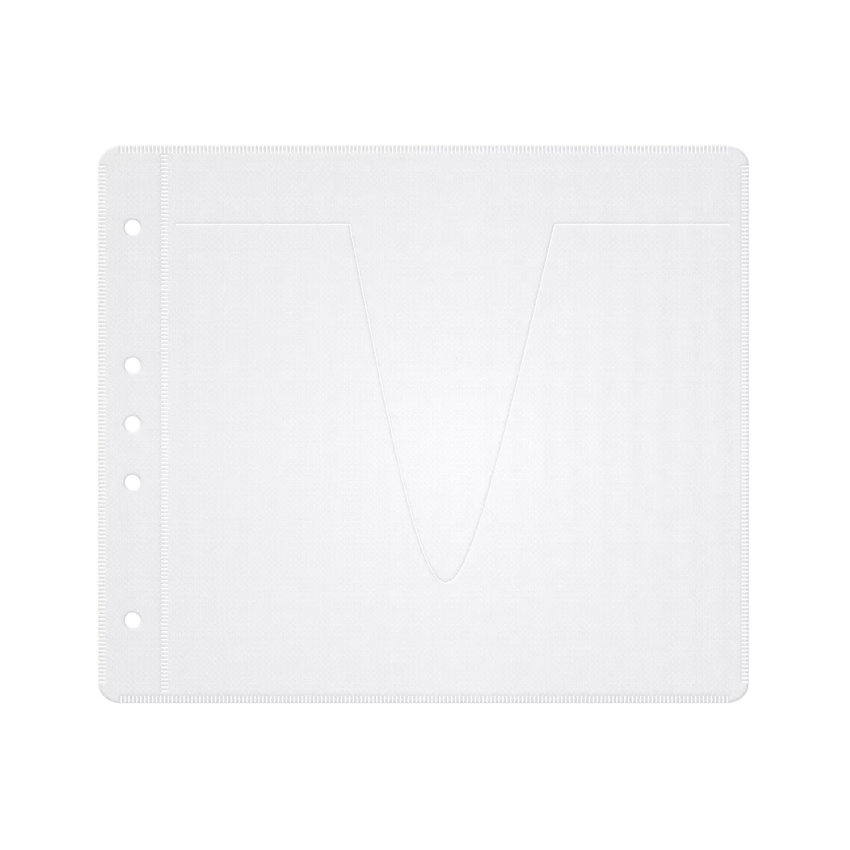 Transparent, empty clear pocket with hole punch for binders.