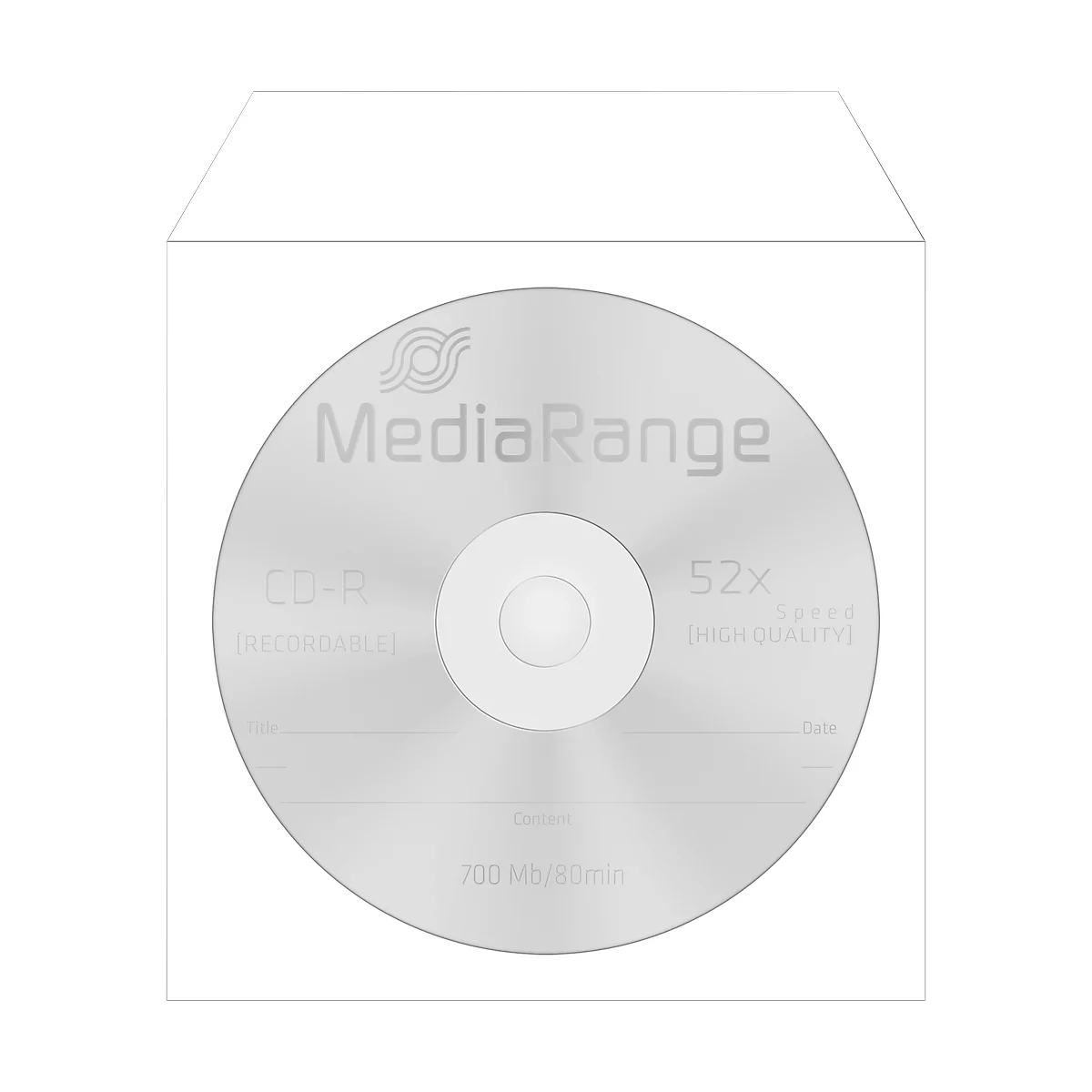 Silver CD-R in white envelope. Labeling: MediaRange, CD-R, 52x, 700 Mb/80min.