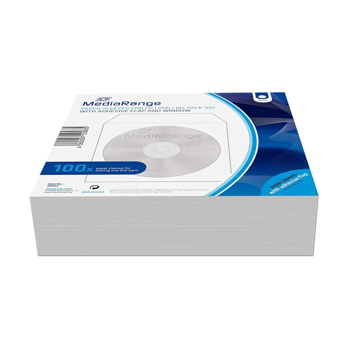 CD-/DVD-Papierhüllen, selbstklebende Lasche, Sichtfenster, weiß, 100 Stück