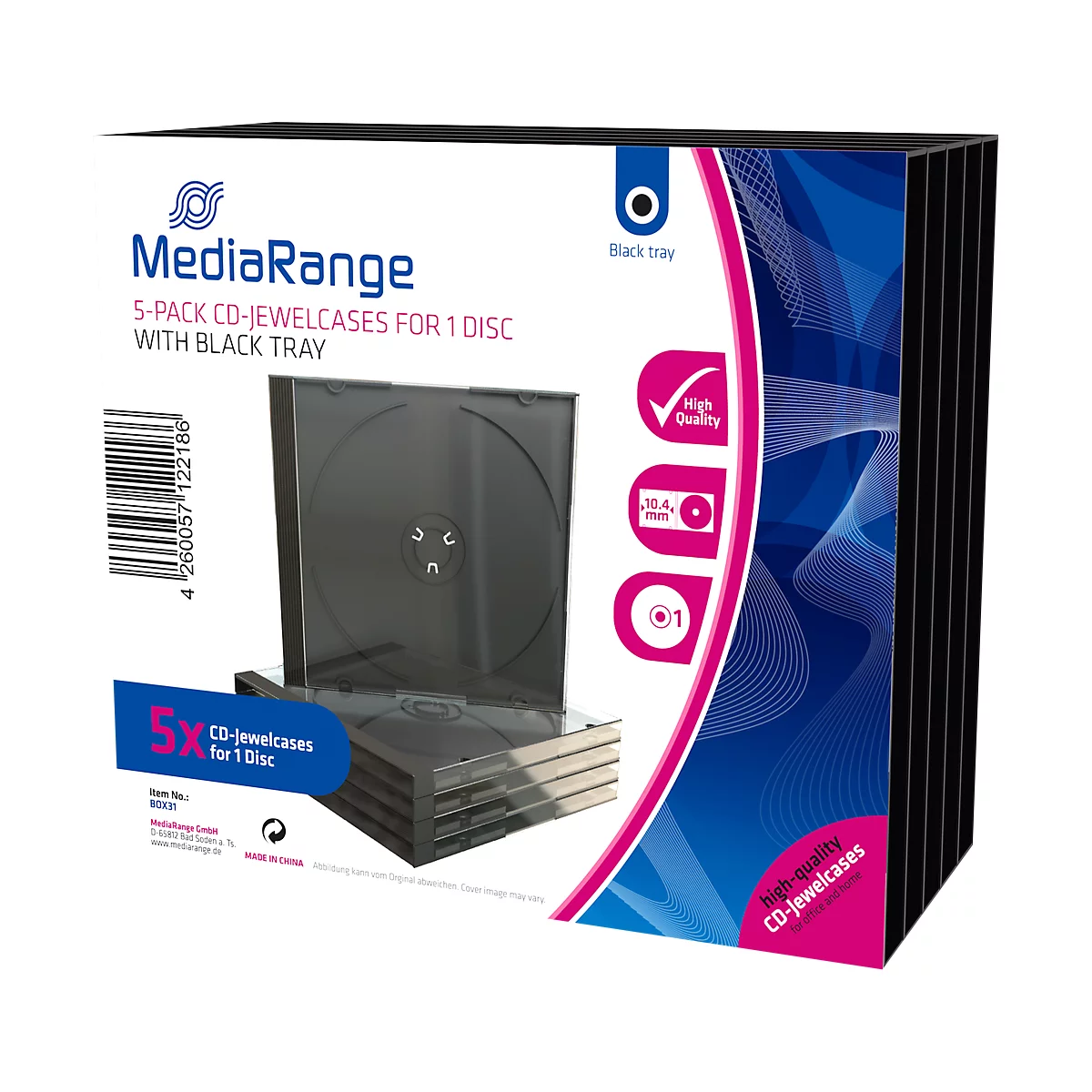 Pack of black CD jewel cases. Labelled MediaRange, details of content and quality. The background is white and blue.