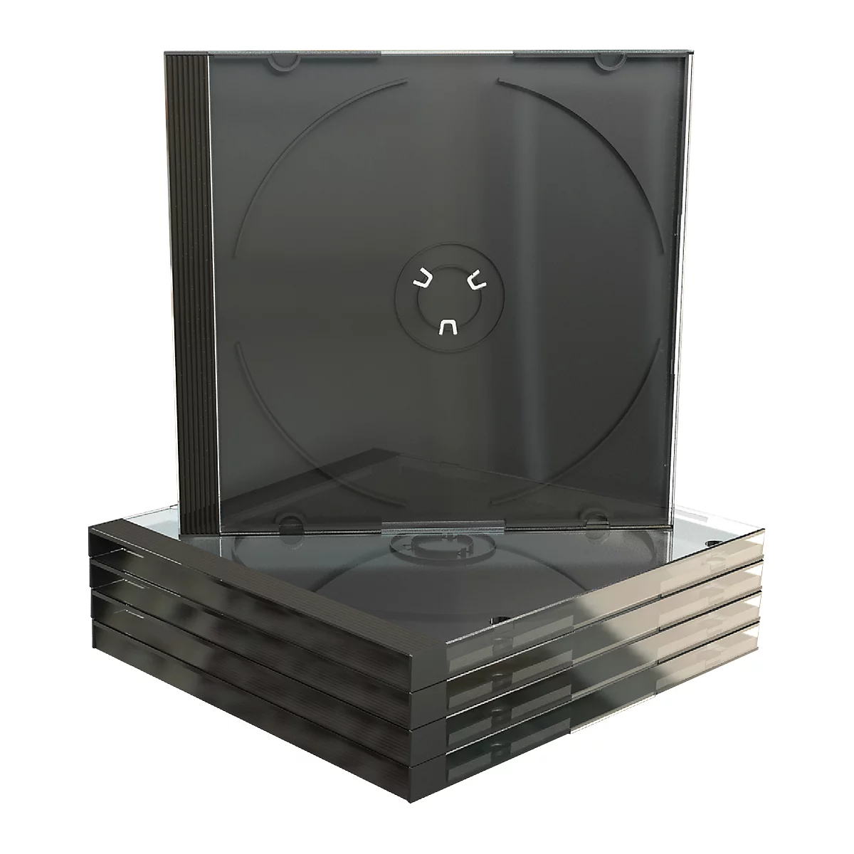 Stack of black CD cases, one opened.