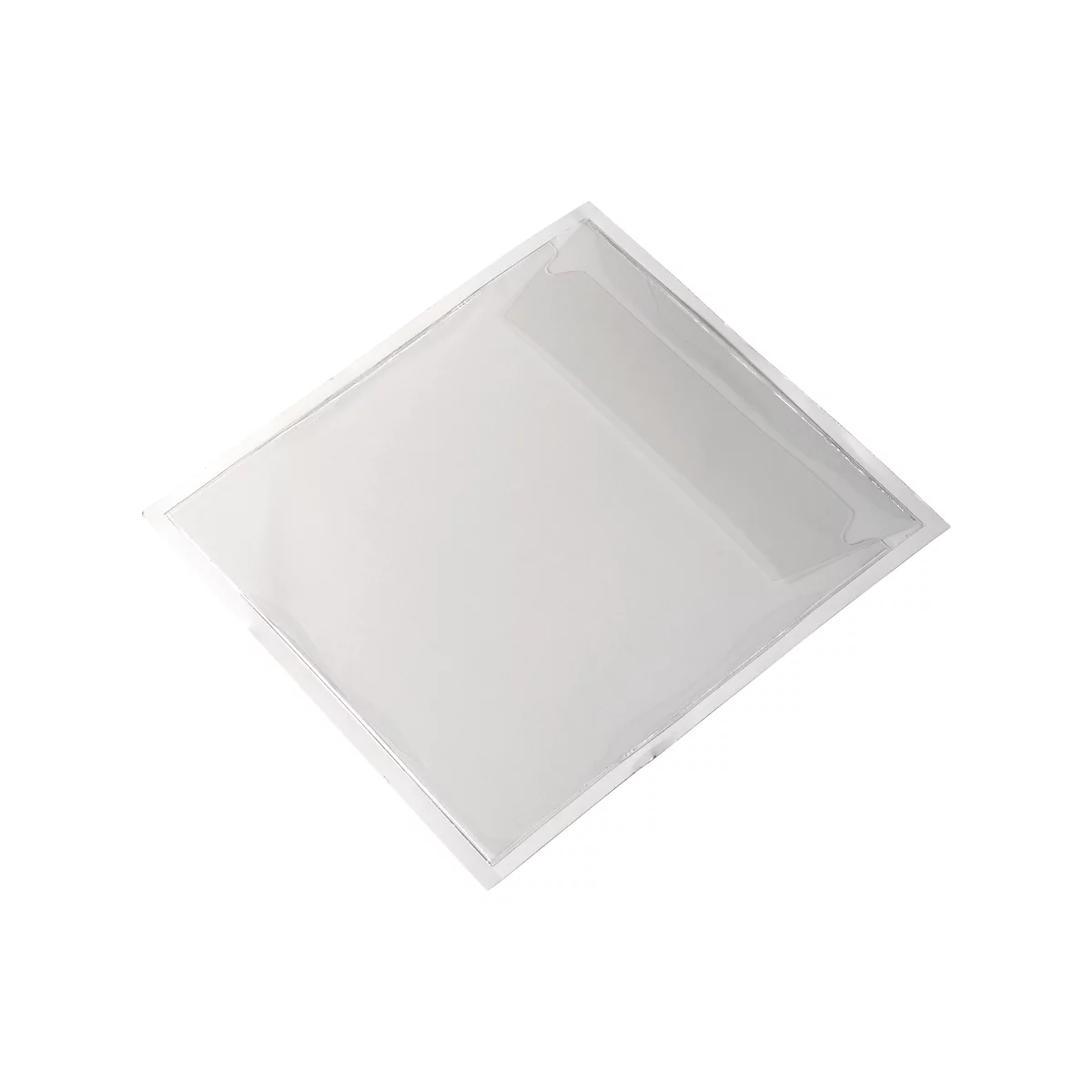 A square, clear glass window. It has a white frame and is photographed at a 45-degree angle.