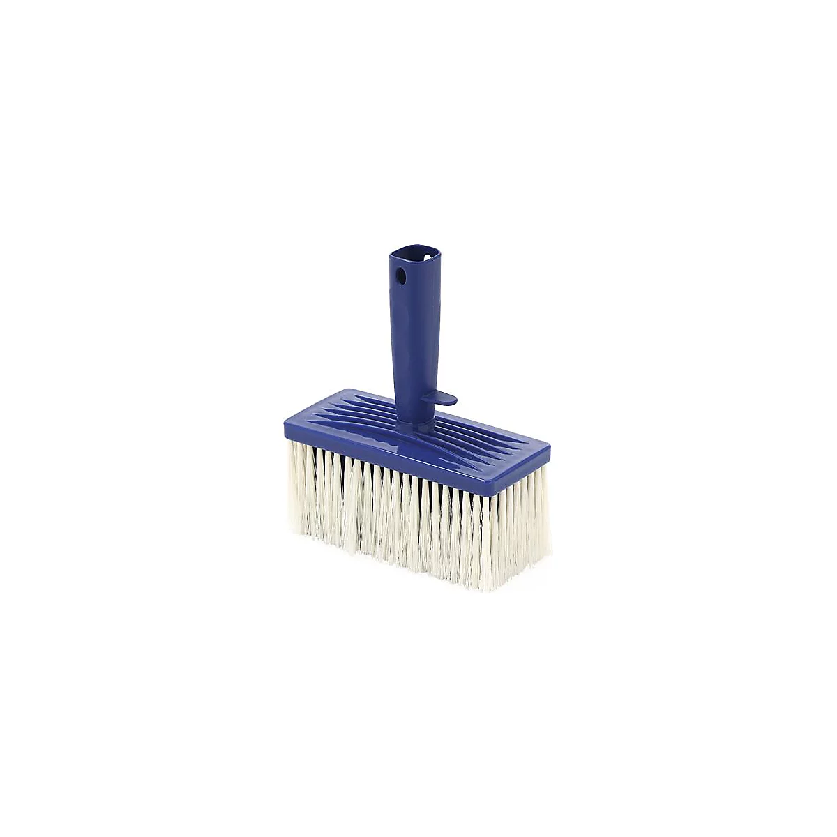 Blue brush head with white bristle field and handle.