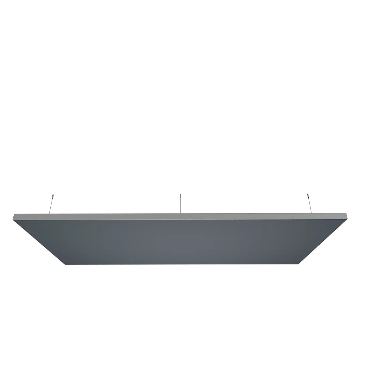 Gray rectangular acoustic panel suspended from the ceiling by thin wires. Viewed slightly skewed from below.