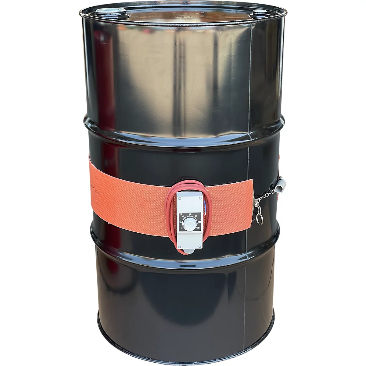 Baril en métal noir avec bande chauffante et régulateur ; bande orange autour du baril, régulateur argenté.