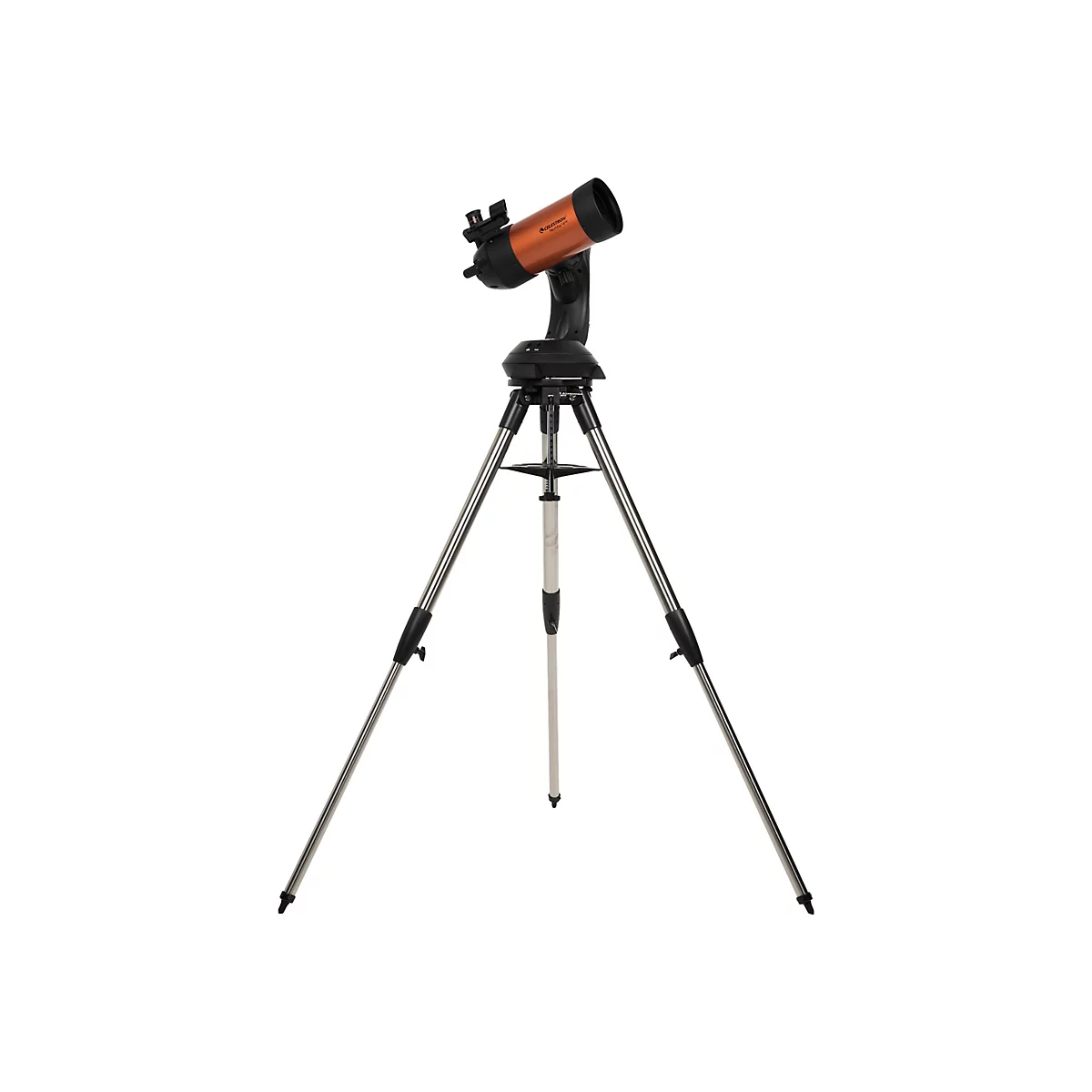 Un télescope orange sur un trépied sur fond blanc.