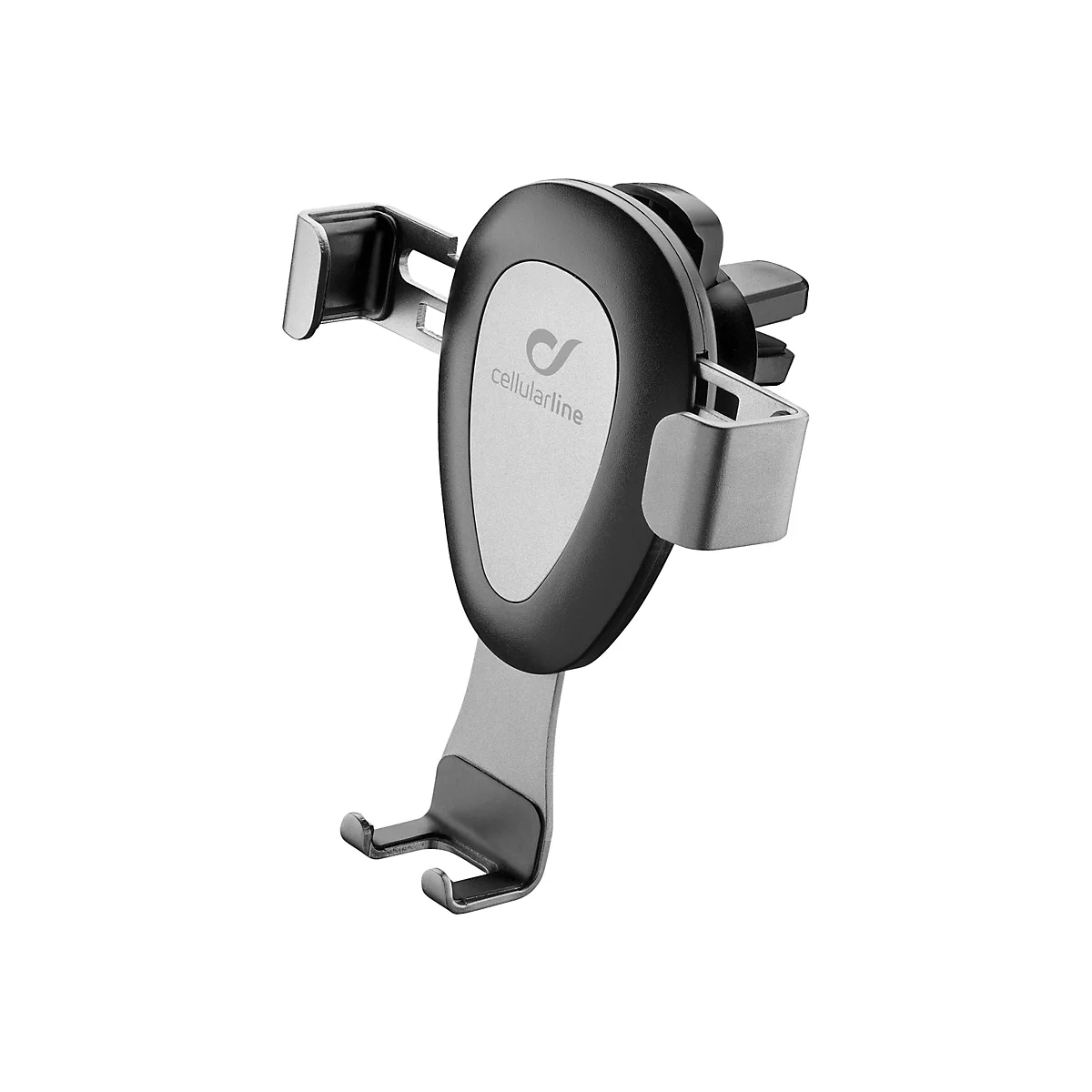 Grauer Handyhalter fürs Auto, schwarzer Rand, Logo "cellularline".