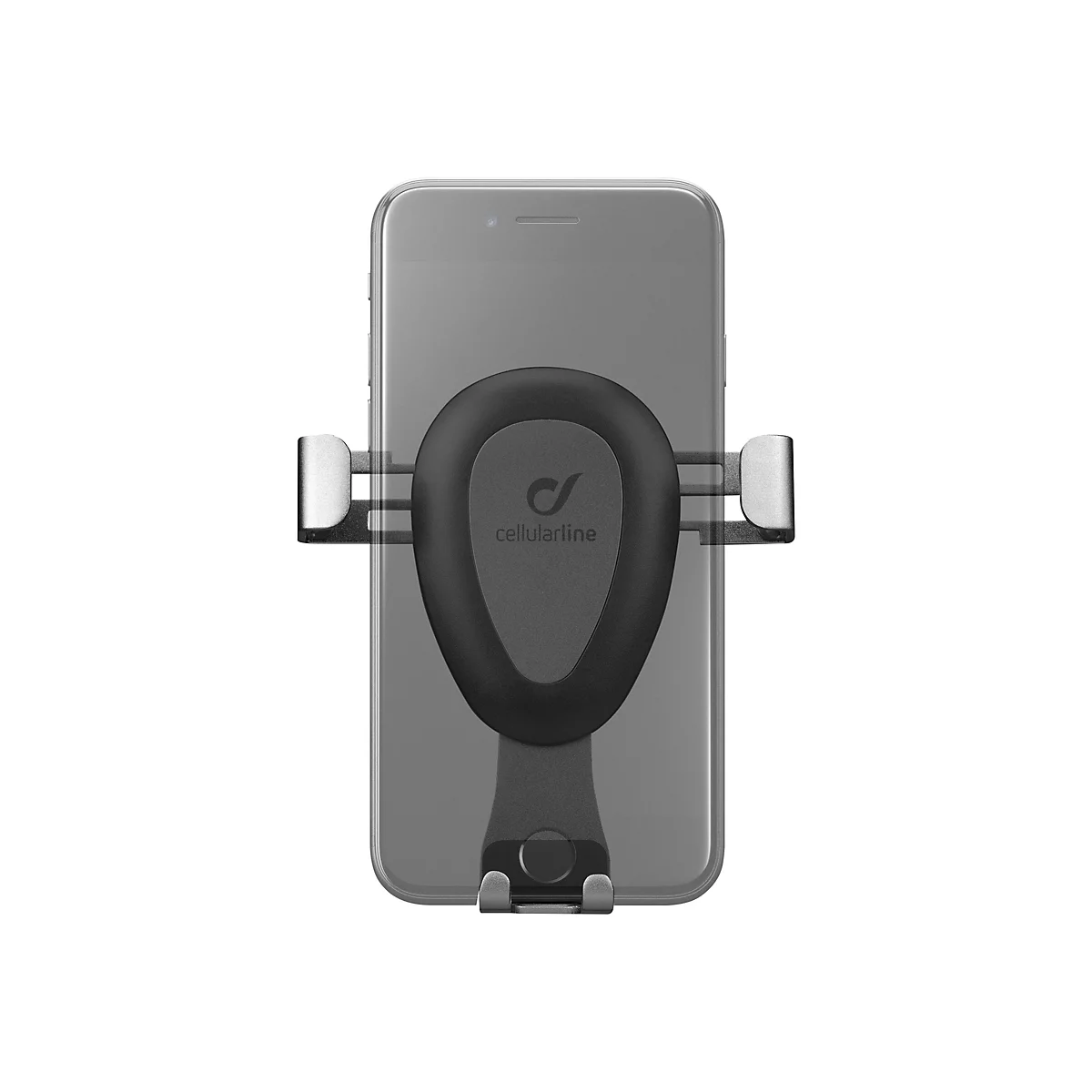 Ein graues Smartphone in einer schwarzen Handyhalterung, die vor einem weißen Hintergrund präsentiert wird. Das Logo der Marke 'cellularline' ist sichtbar.