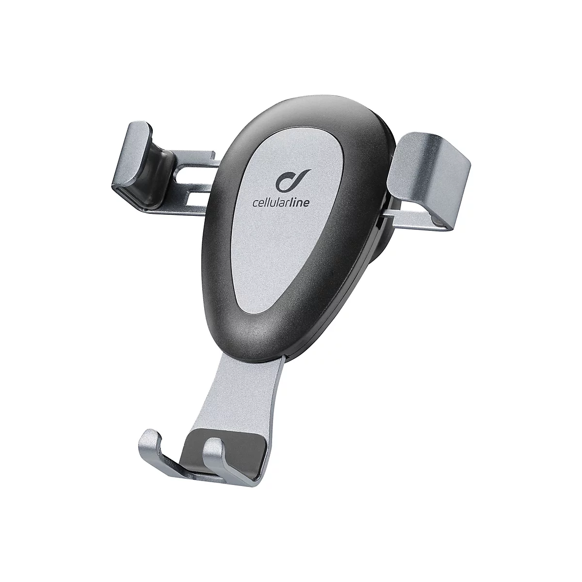 Grauer Handyhalter mit schwarzem Gehäuse und Firmenlogo.