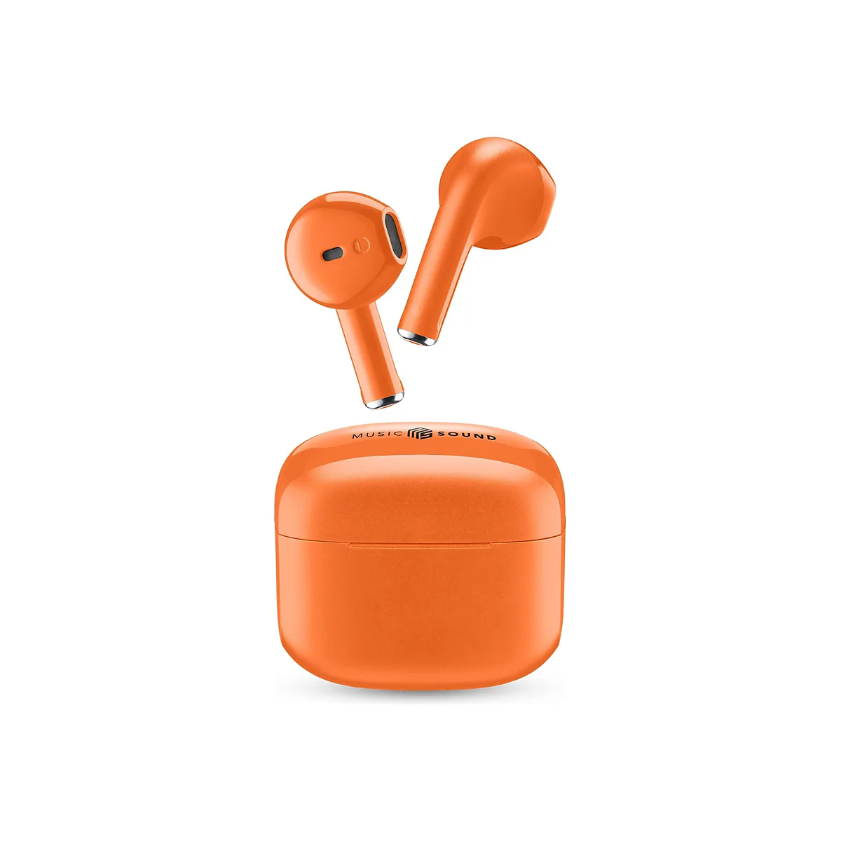 Zwei leuchtend orangefarbene Wireless-Ohrhörer schweben über ihrem passenden Lade-Case vor weißem Hintergrund.